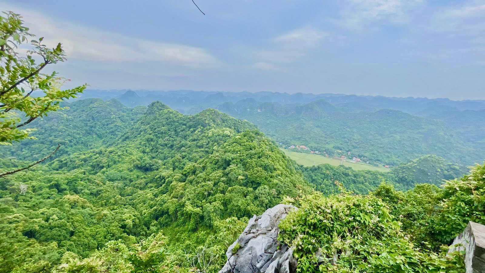 Panoramic view over jungle-covered limestone mountains and green valley, Cat Ba National Park