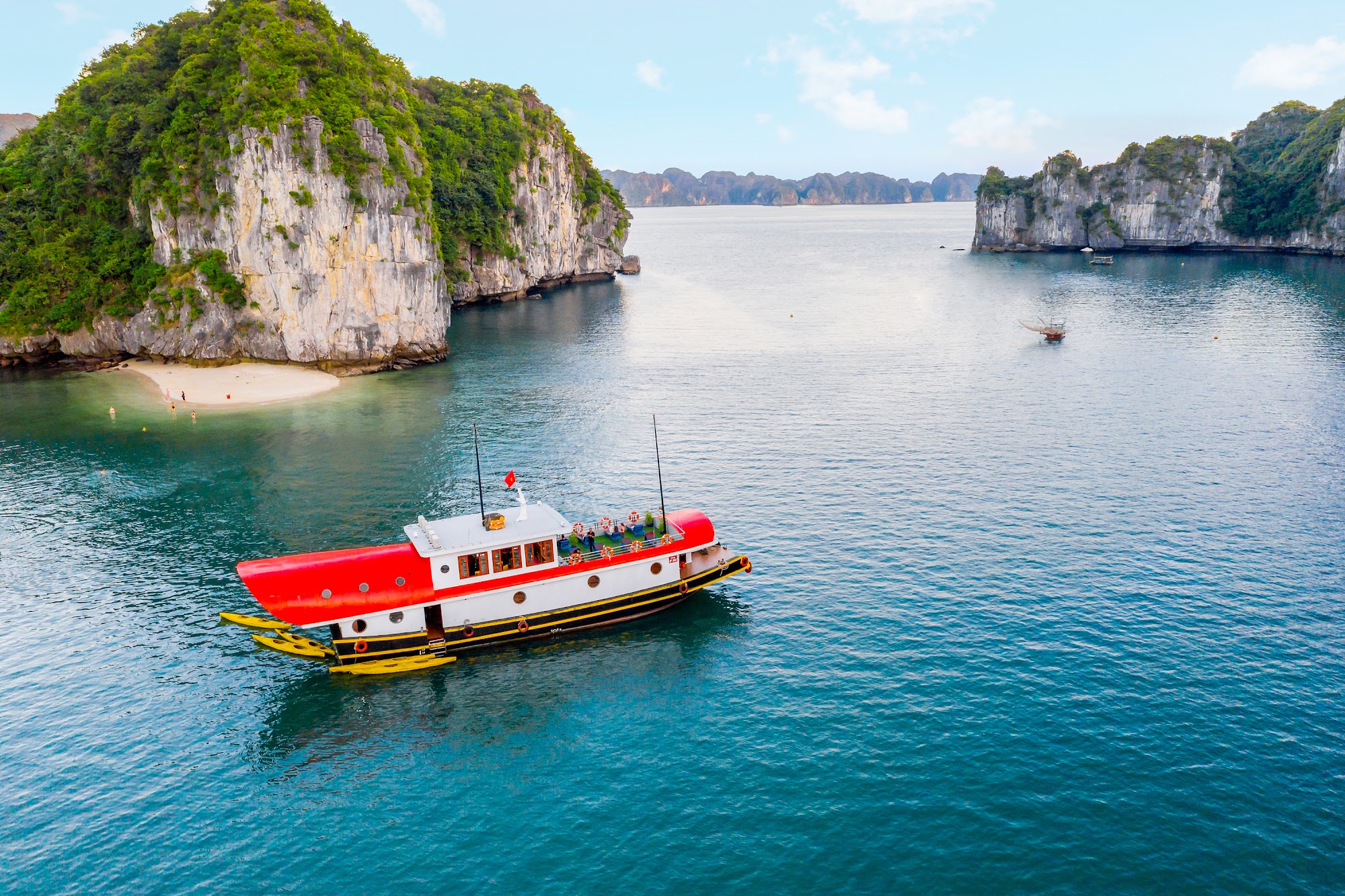 Aerial drone view of Cat Ba National Park tropical jungle and limestone karst landscape