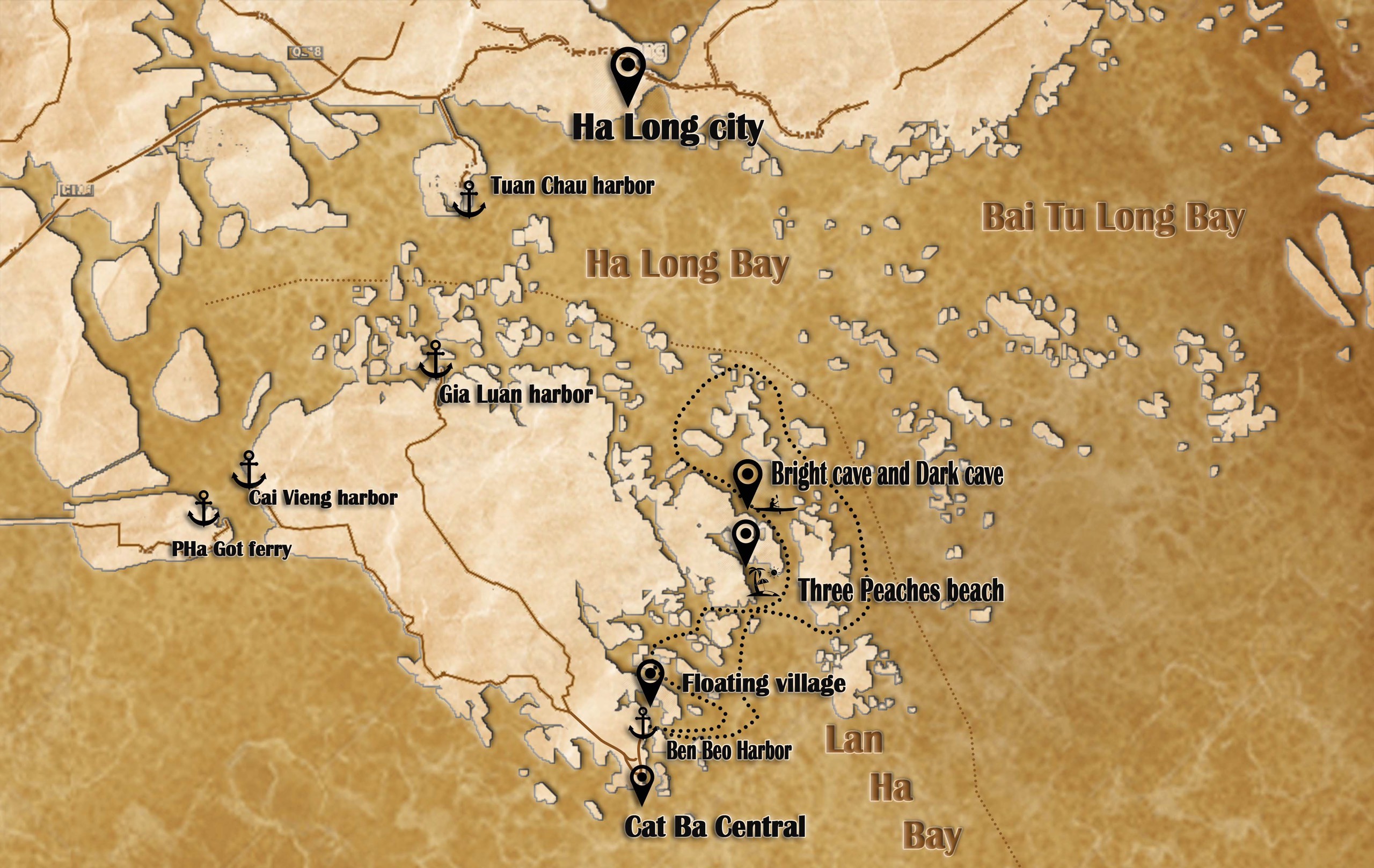 Hand-drawn map showing Ha Long Bay, Lan Ha Bay, Cat Ba Island and the location of Viet Hai Village