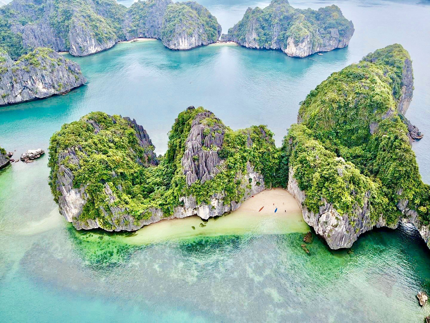Aerial view of Lan Ha Bay limestone islands near Cat Ba island, Vietnam