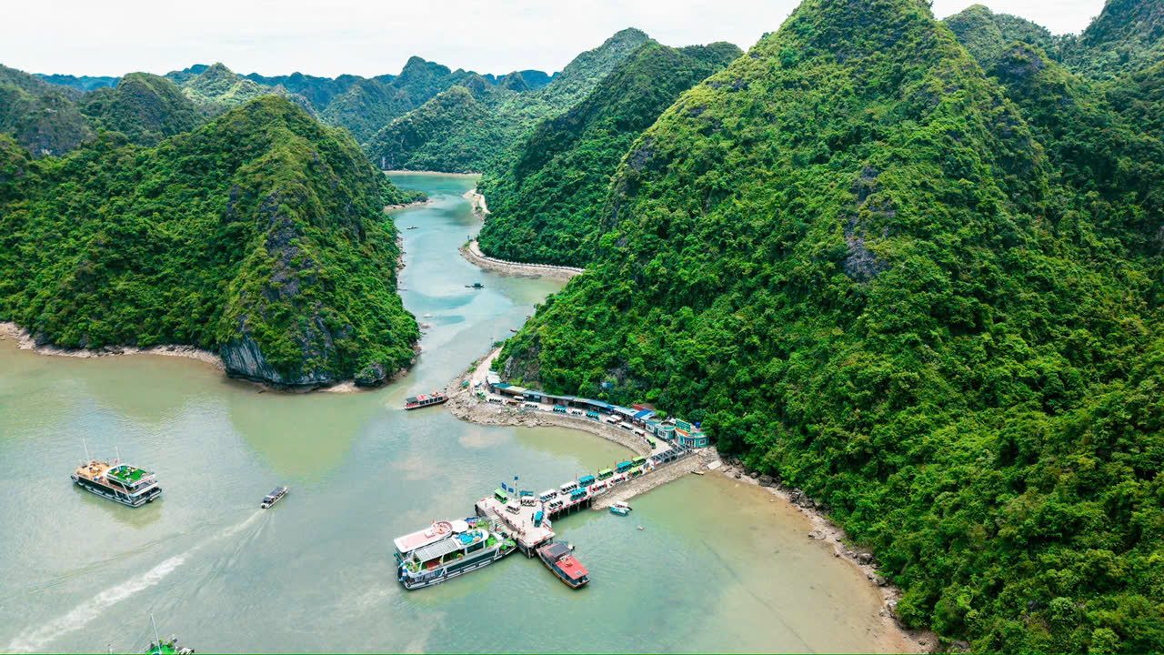 Aerial view of Viet Hai pier with boats, Cat Ba Island