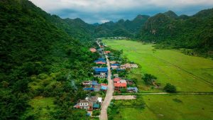 Aerial view of Viet Hai Village and its green fields, Cat Ba Island