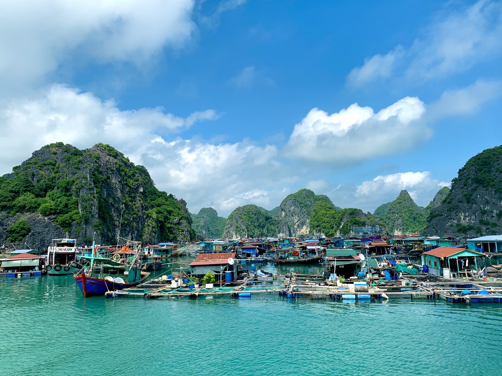 Floating fish farms and pontoon houses among limestone karsts, Lan Ha Bay