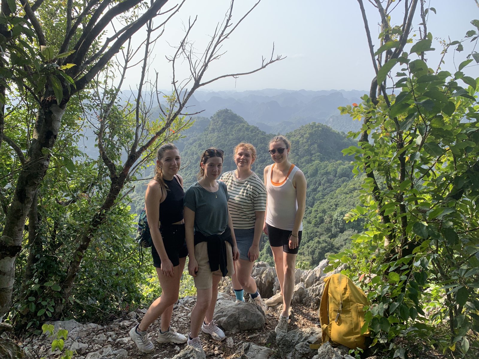 Group of hikers at a jungle viewpoint on the Cat Ba National Park trail