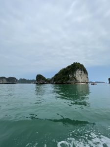 Limestone island rising out of the green water of Lan Ha Bay, seen from a boat