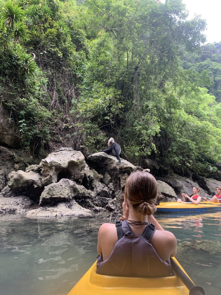Kayaker paddling towards a limestone shore in Lan Ha Bay