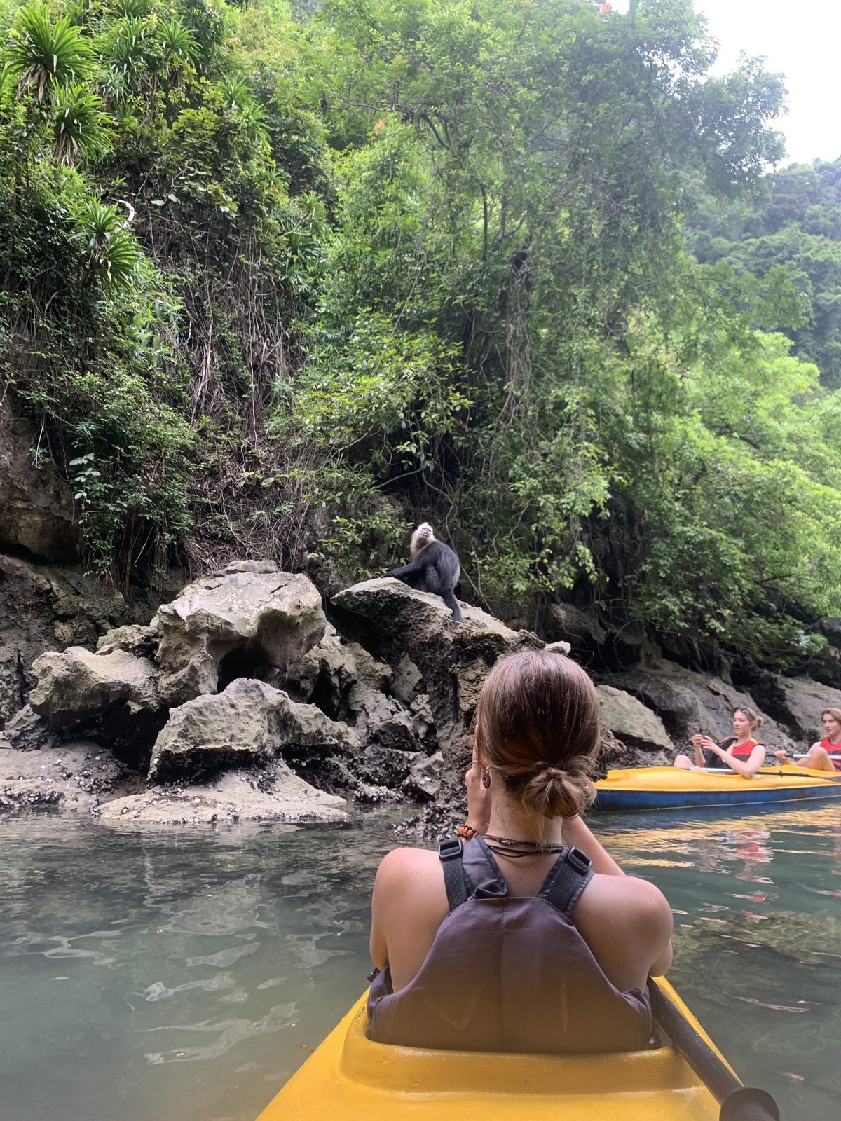Kayaker paddling towards a limestone shore in Lan Ha Bay