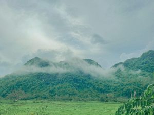 Misty fields and limestone mountains in the Viet Hai valley, Cat Ba Island