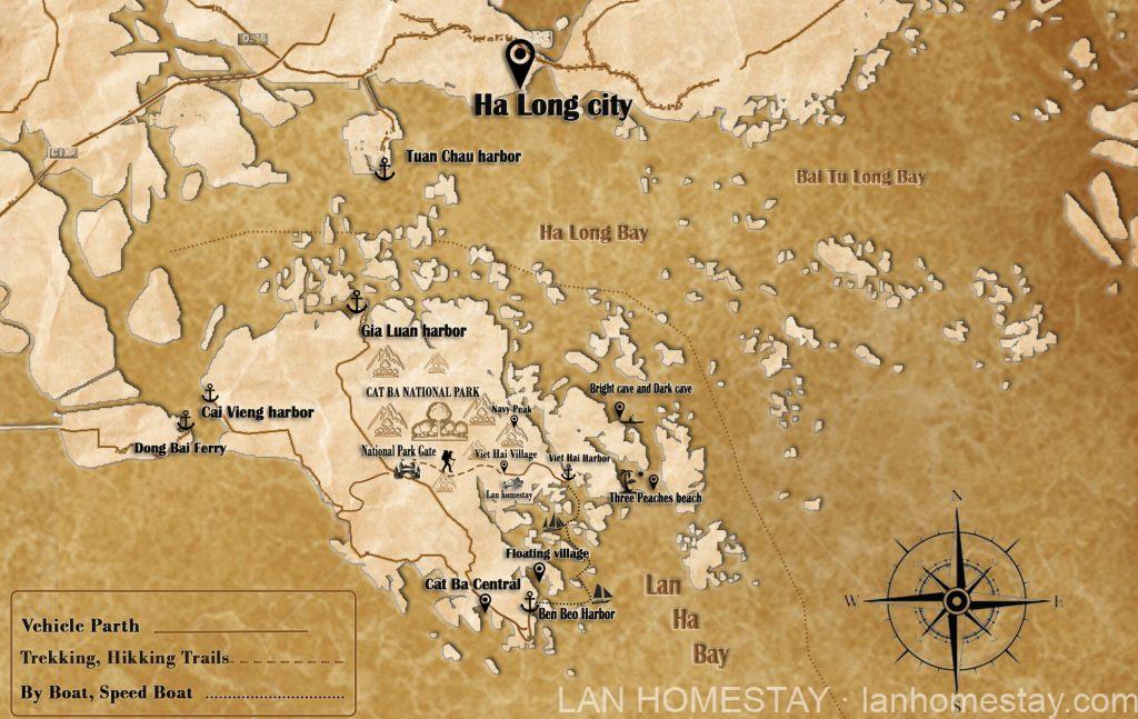 Map showing Ha Long city, Dong Bai ferry, Cai Vieng harbour, Cat Ba town, Ben Beo harbour and Viet Hai harbour on the route to Lan Homestay